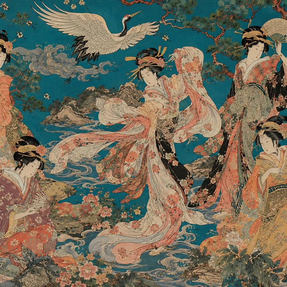 Close-up of the Imperial Geisha Cranes artwork at printed scale