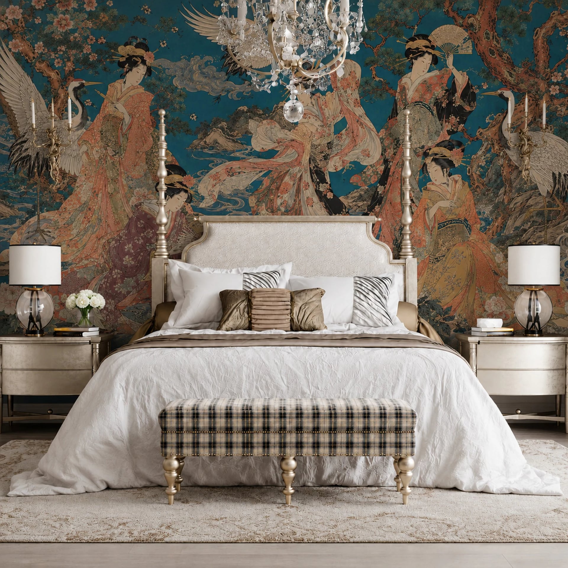 Imperial Geisha Cranes wall mural shown in a styled interior, view 1