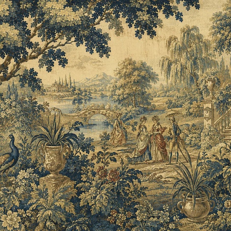Nahaufnahme des Kunstwerks Aubusson-Garten mit Pfau im Druckmaßstab