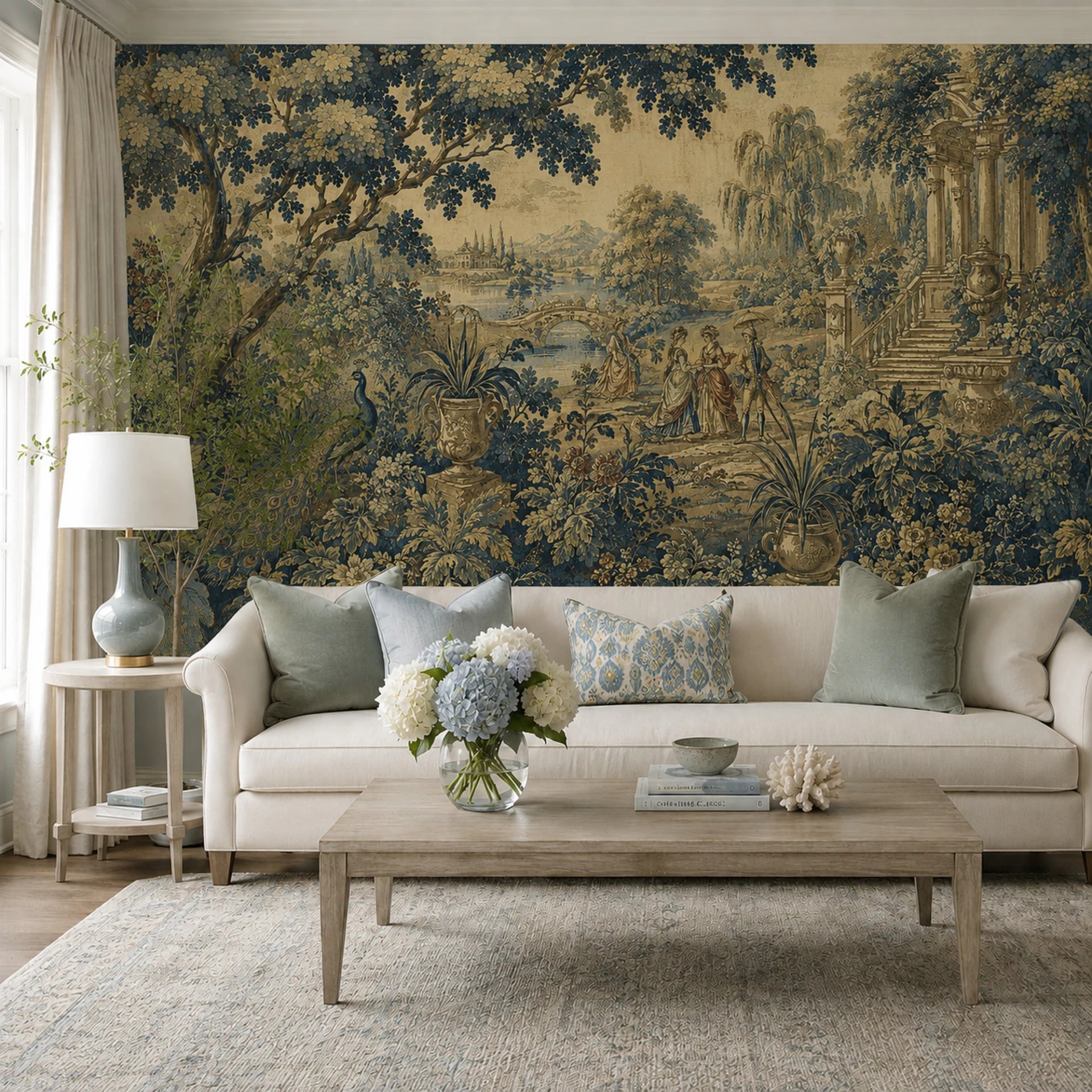 Aubusson-Garten mit Pfau Fototapete in einem stilvoll eingerichteten Raum, Ansicht 2