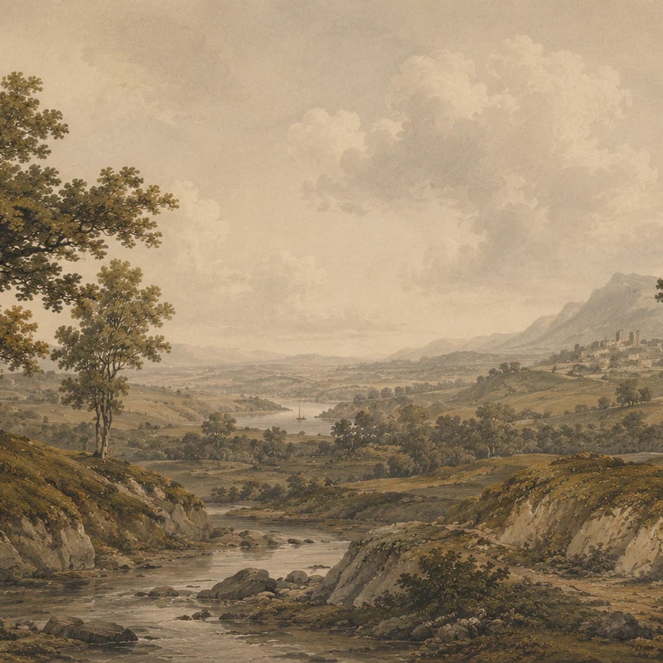 Nahaufnahme des Kunstwerks Idyllisches Flusstal im Druckmaßstab