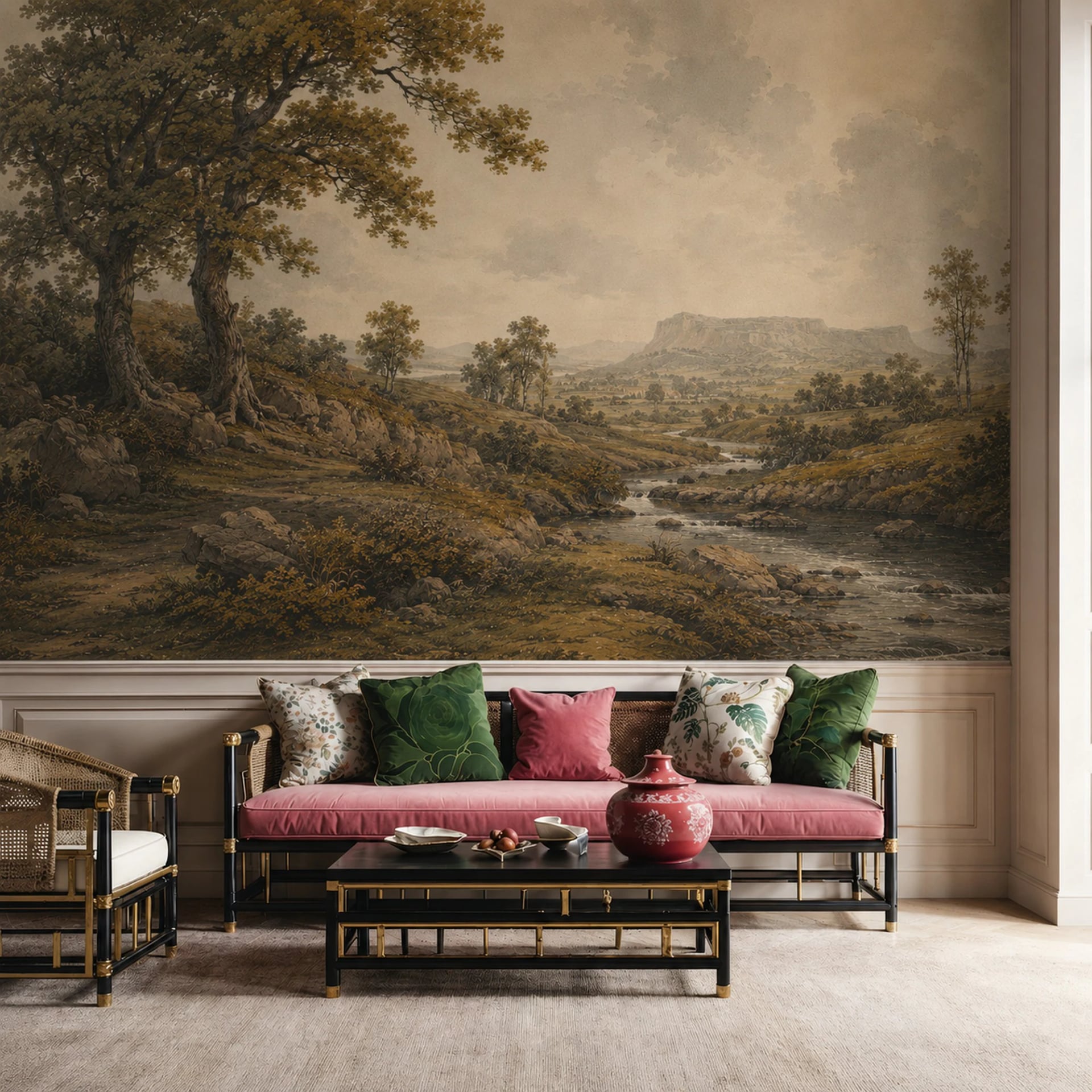 Pastoral Valley Stream wall mural shown in a styled interior, view 2