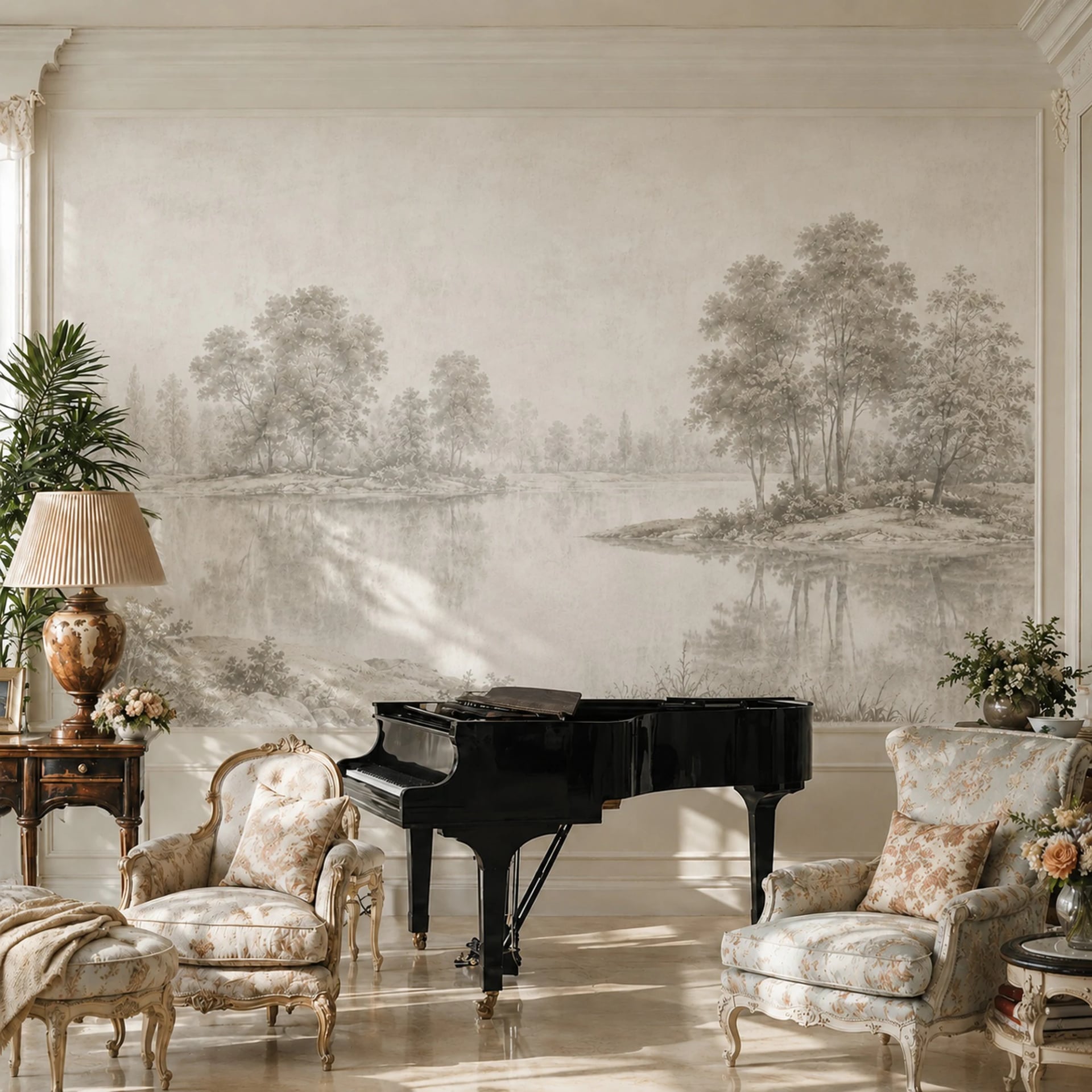 Tranquil Lake Vista wall mural shown in a styled interior, view 2