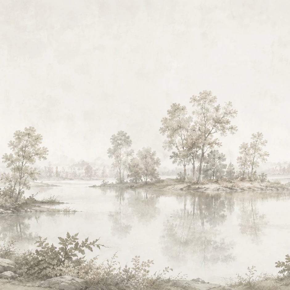 Gros plan sur le motif Bosquet brumeux au bord du lac à l'échelle d'impression