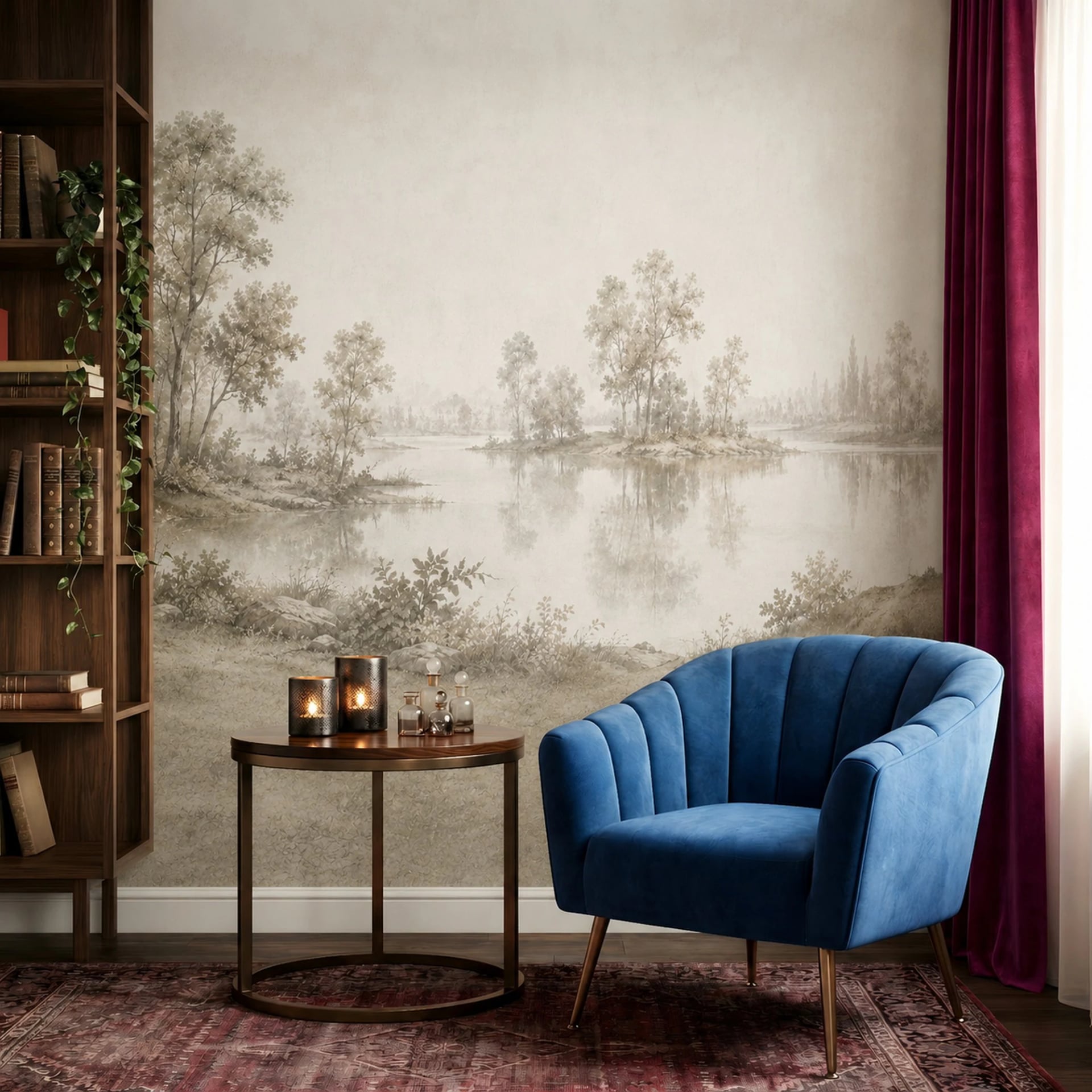 Papier peint panoramique Bosquet brumeux au bord du lac présenté dans un intérieur décoré, vue 2