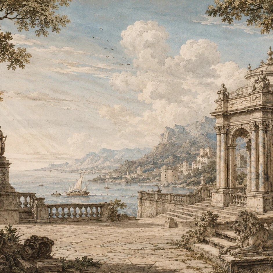 Nahaufnahme des Kunstwerks Klassischer Terrassenblick im Druckmaßstab