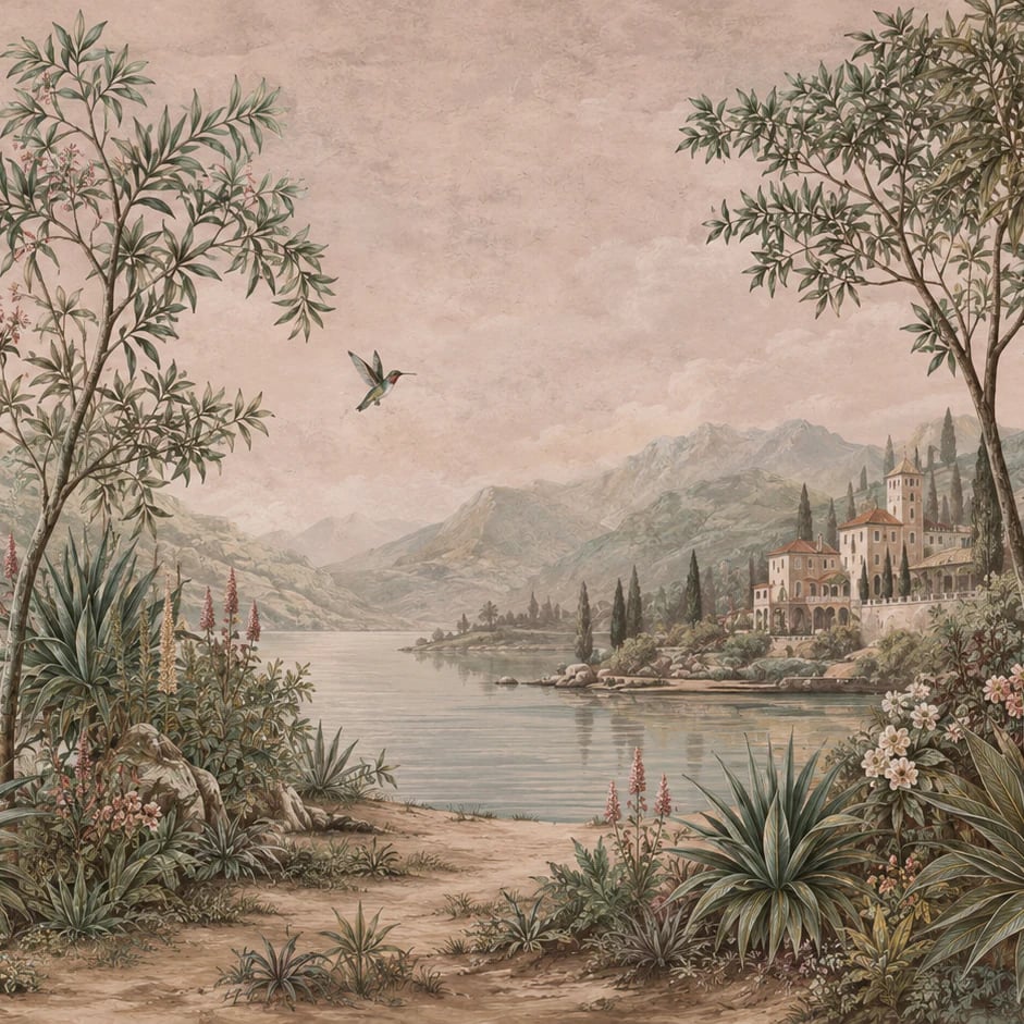 Primer plano del diseño Vista de la villa junto al lago a escala de impresión