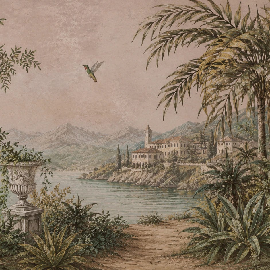 Nahaufnahme des Kunstwerks Blick auf Villa am Comer See im Druckmaßstab
