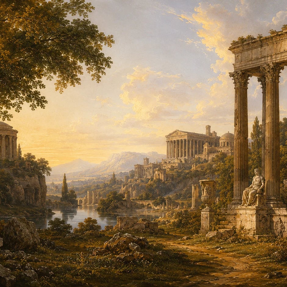 Close-up of the Classical Temple Ruins artwork at printed scale