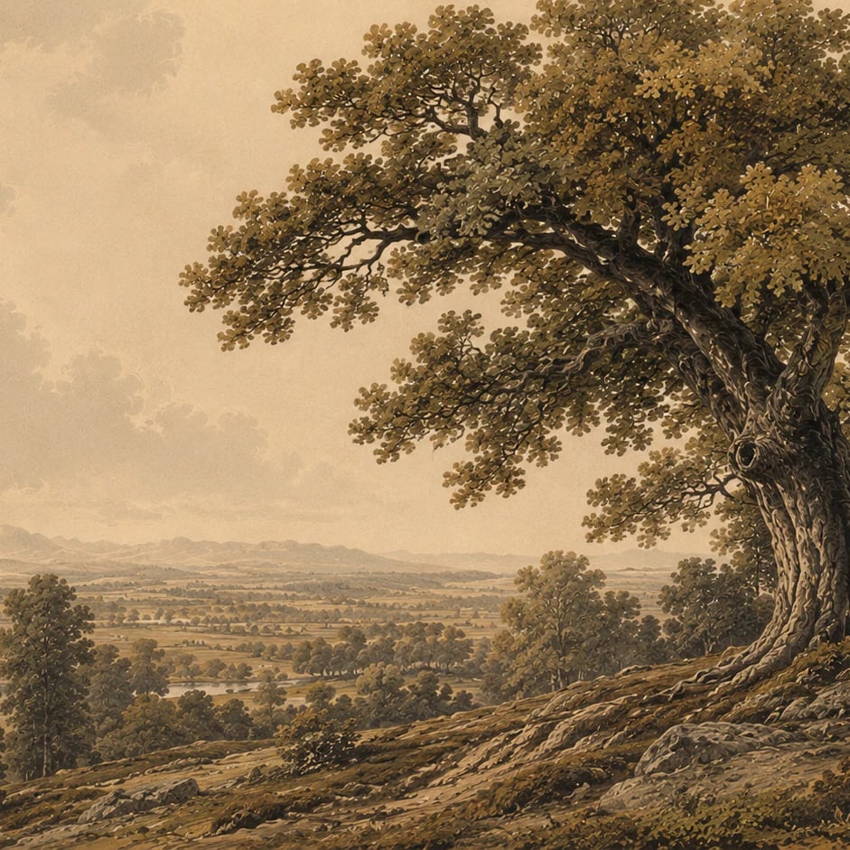 Nahaufnahme des Kunstwerks Uraltes Eichenpanorama im Druckmaßstab