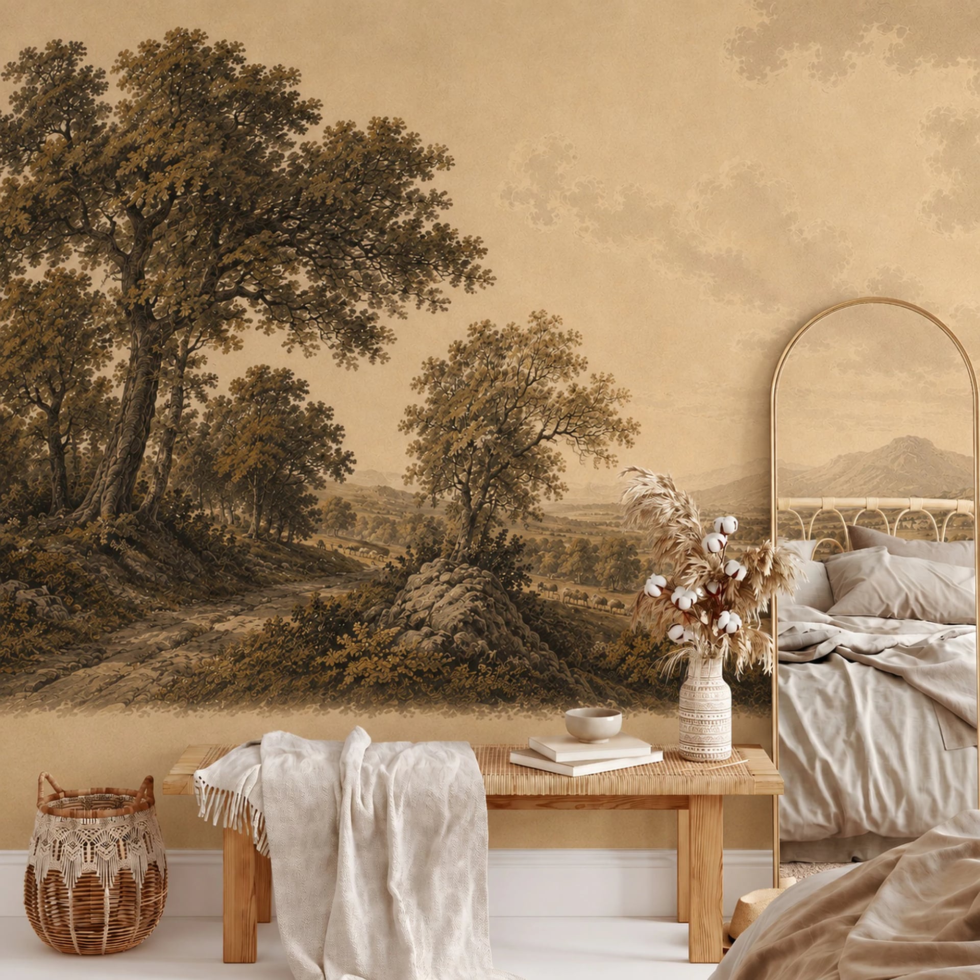 Sepia Oak Valley wall mural shown in a styled interior, view 2