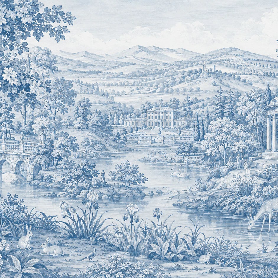 Primer plano del diseño Toile de castillo junto al lago a escala de impresión