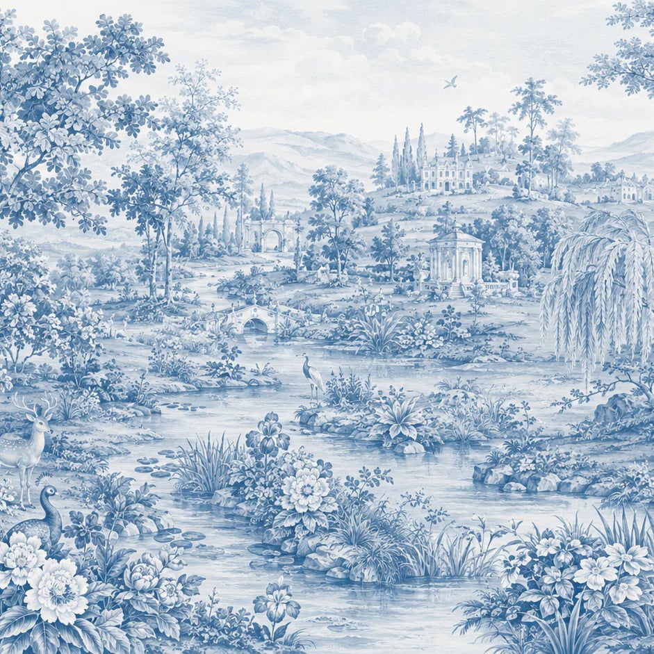 Nahaufnahme des Kunstwerks Blaue pastorale Landgut-Toile im Druckmaßstab
