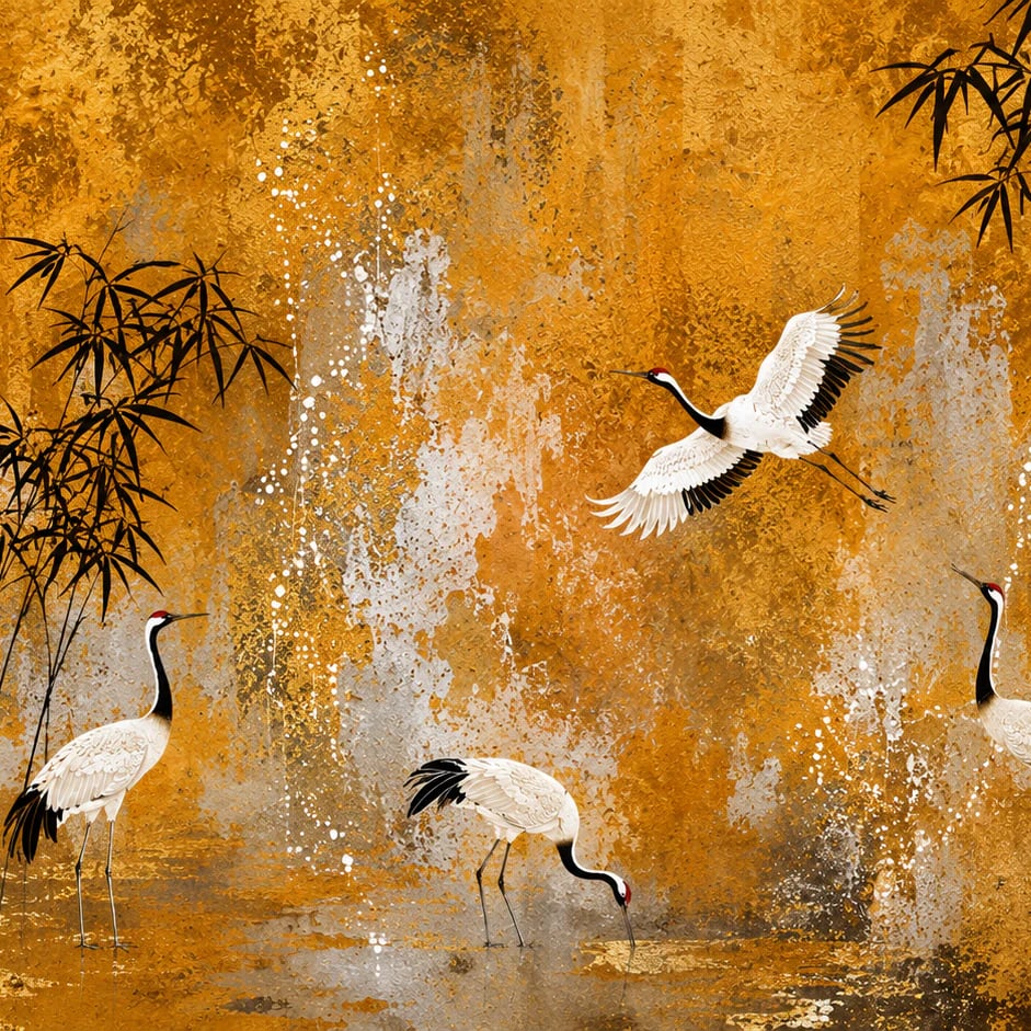 Close-up of the Gilded Bamboo Cranes artwork at printed scale