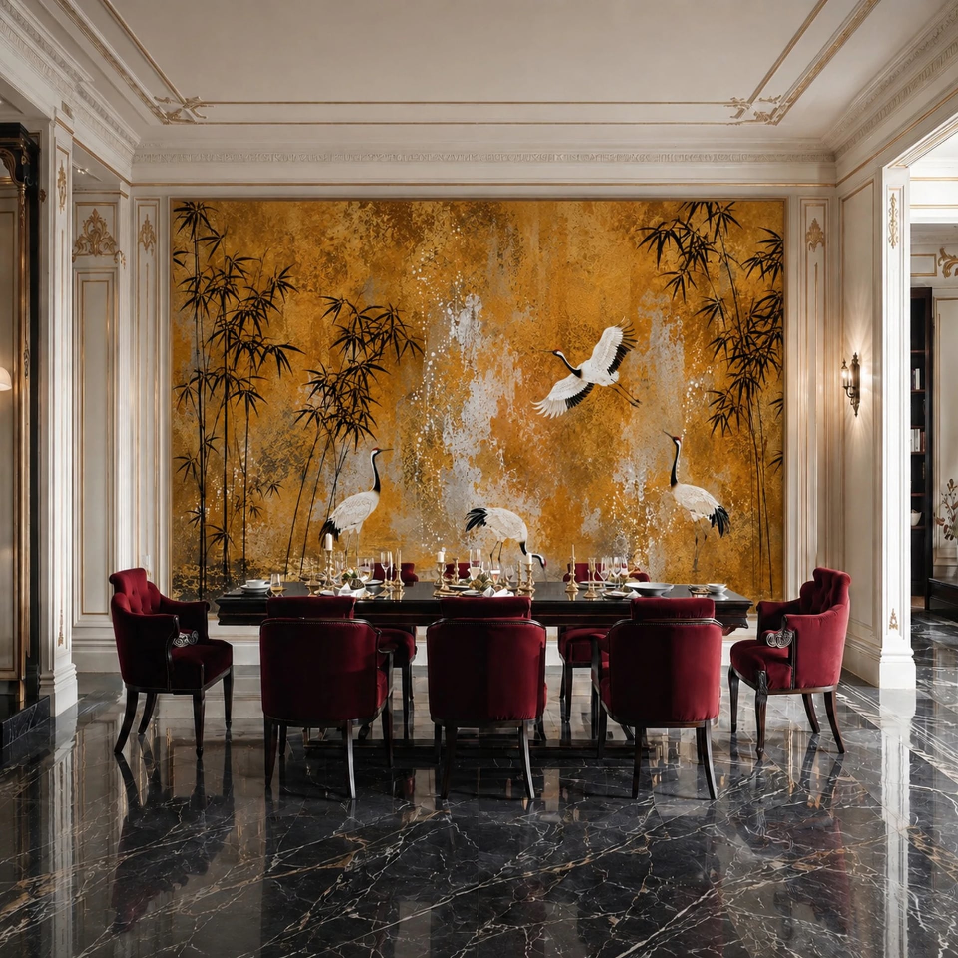 Gilded Bamboo Cranes wall mural shown in a styled interior, view 2