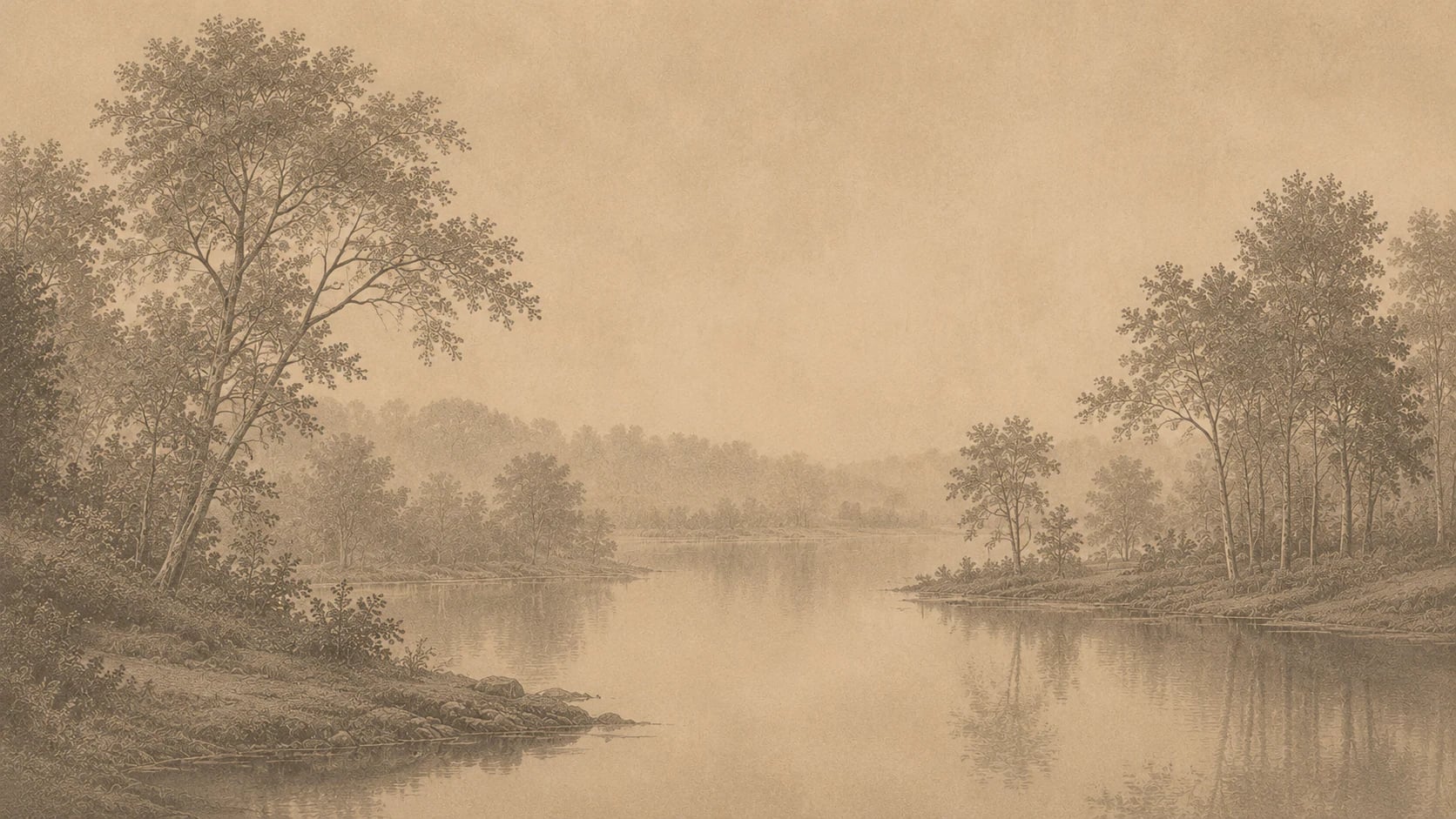 Sepia Lakeside Etching