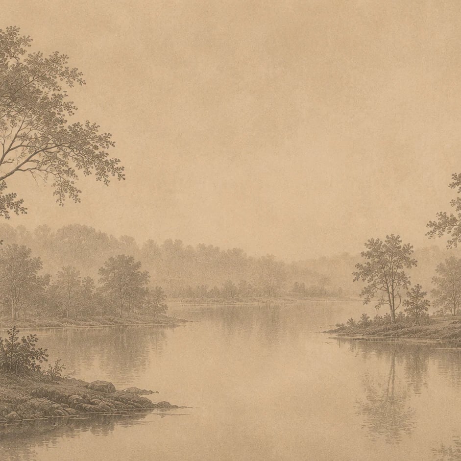 Nahaufnahme des Kunstwerks Sepia-Radierung am See im Druckmaßstab