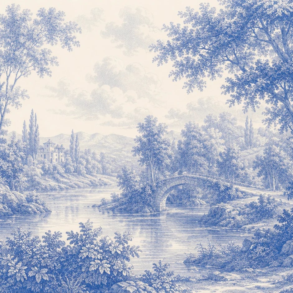 Close-up of the Blue River Bridge Toile artwork at printed scale