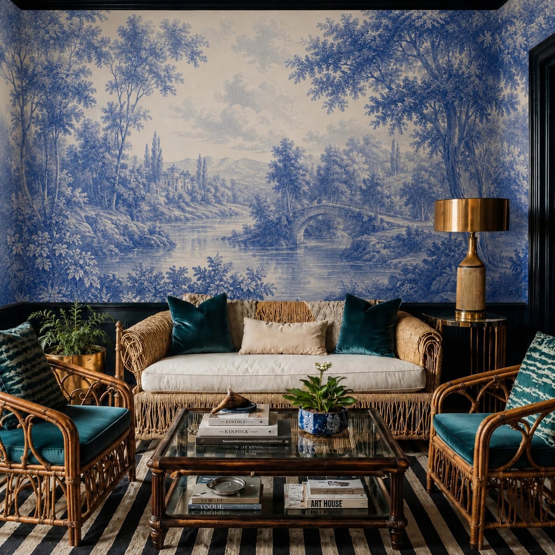 Blue River Bridge Toile wall mural shown in a styled interior, view 2