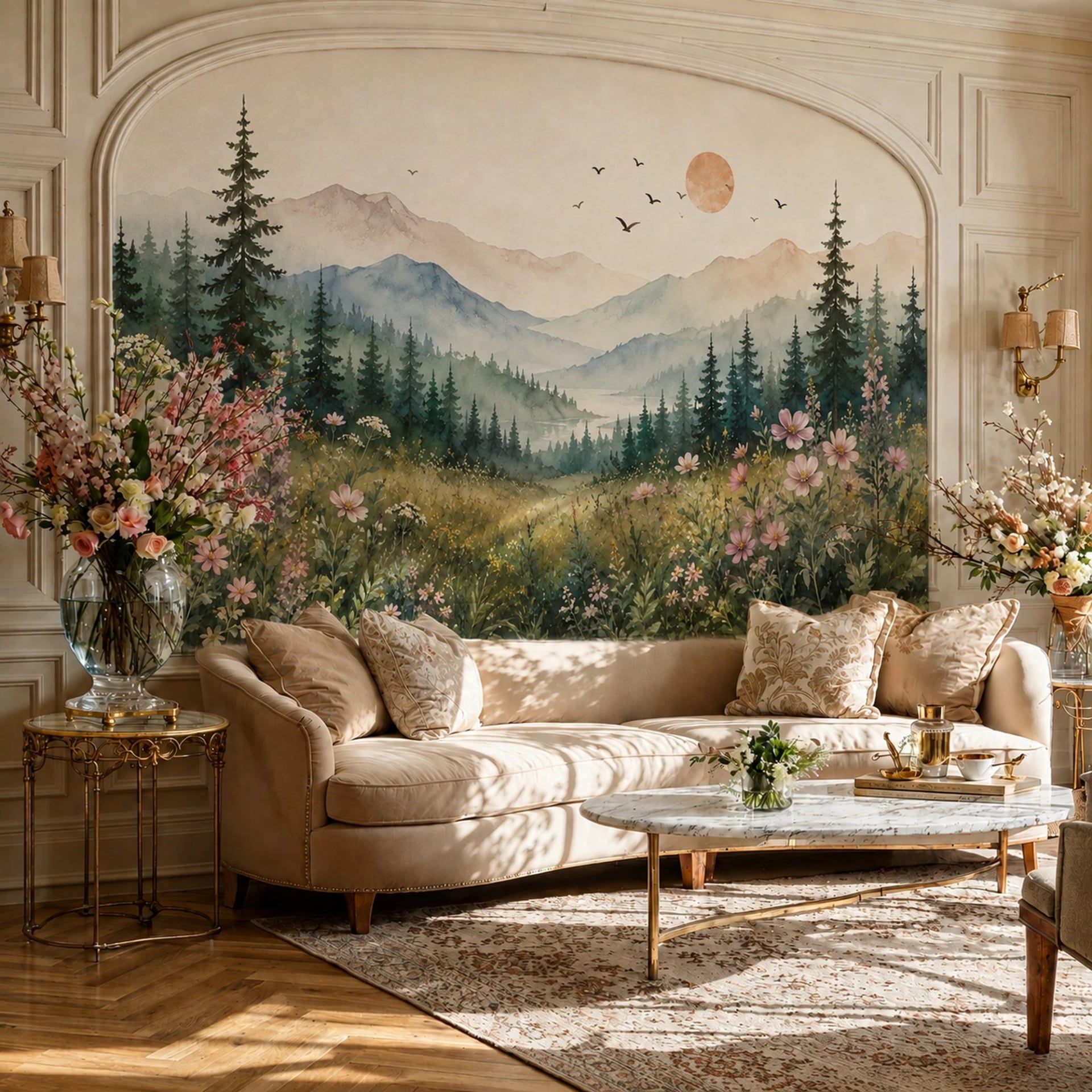 Alpine Meadow Bloom wall mural shown in a styled interior, view 2
