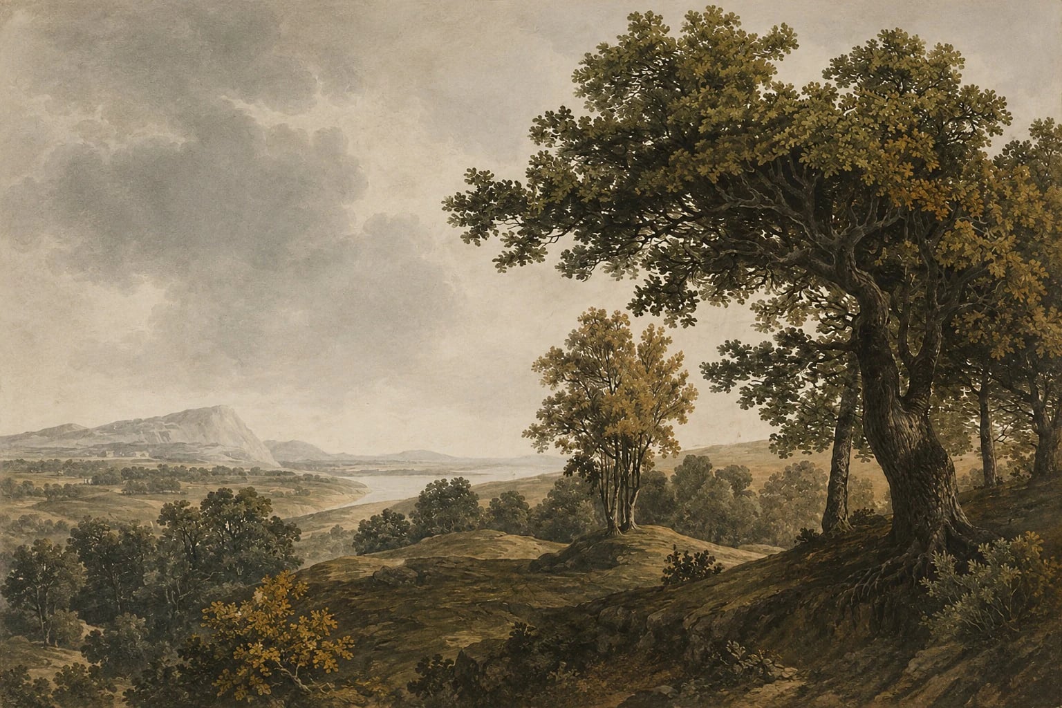 Chêne et rivière pastorale