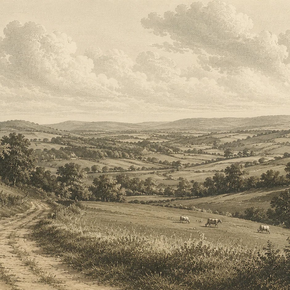 Close-up of the Rolling Pasture Lane artwork at printed scale