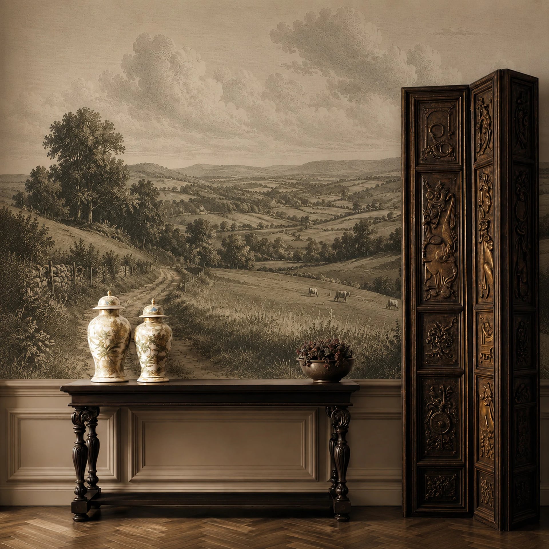 Rolling Pasture Lane wall mural shown in a styled interior, view 2