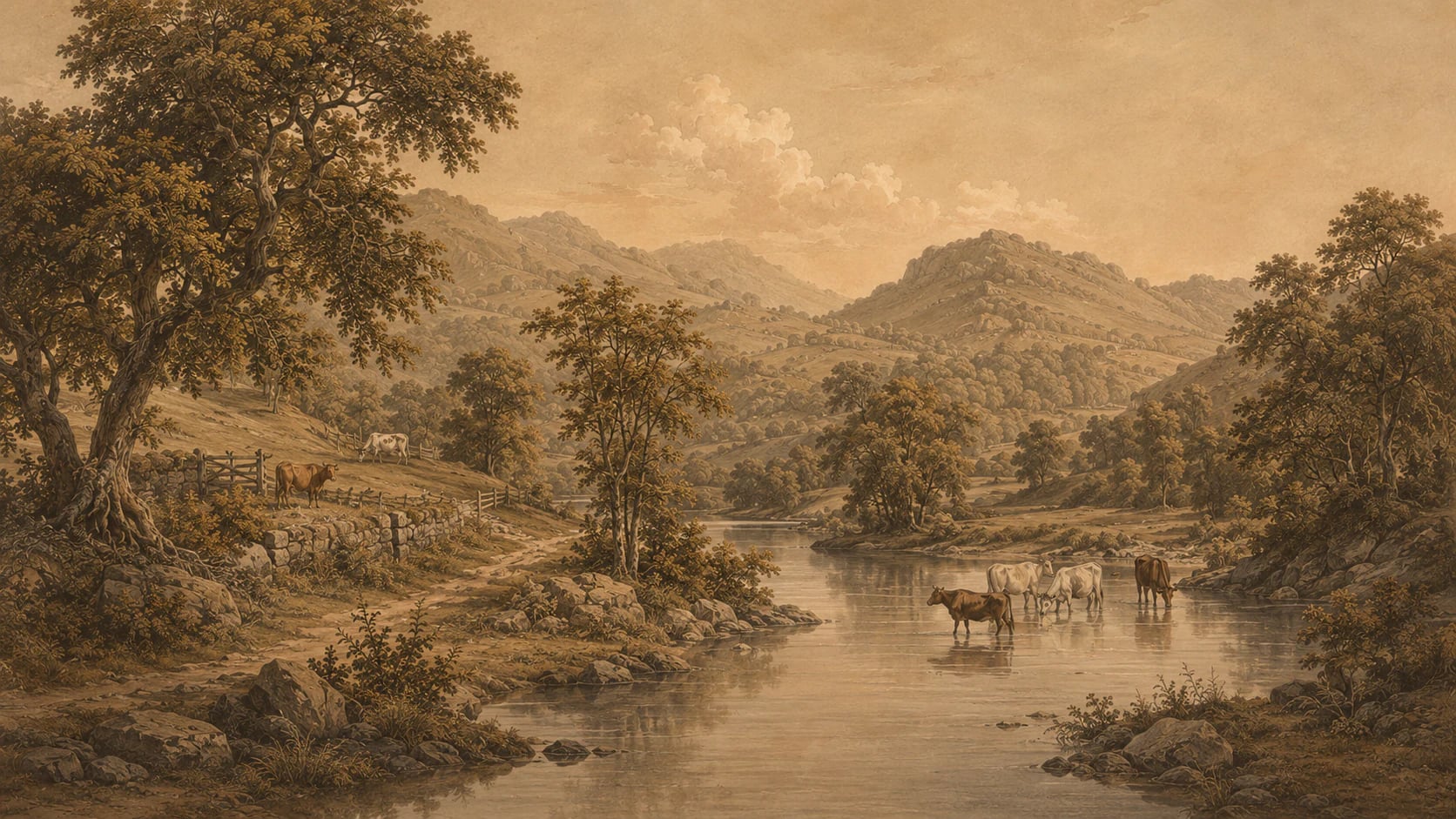 Pastoraler Fluss in Sepia