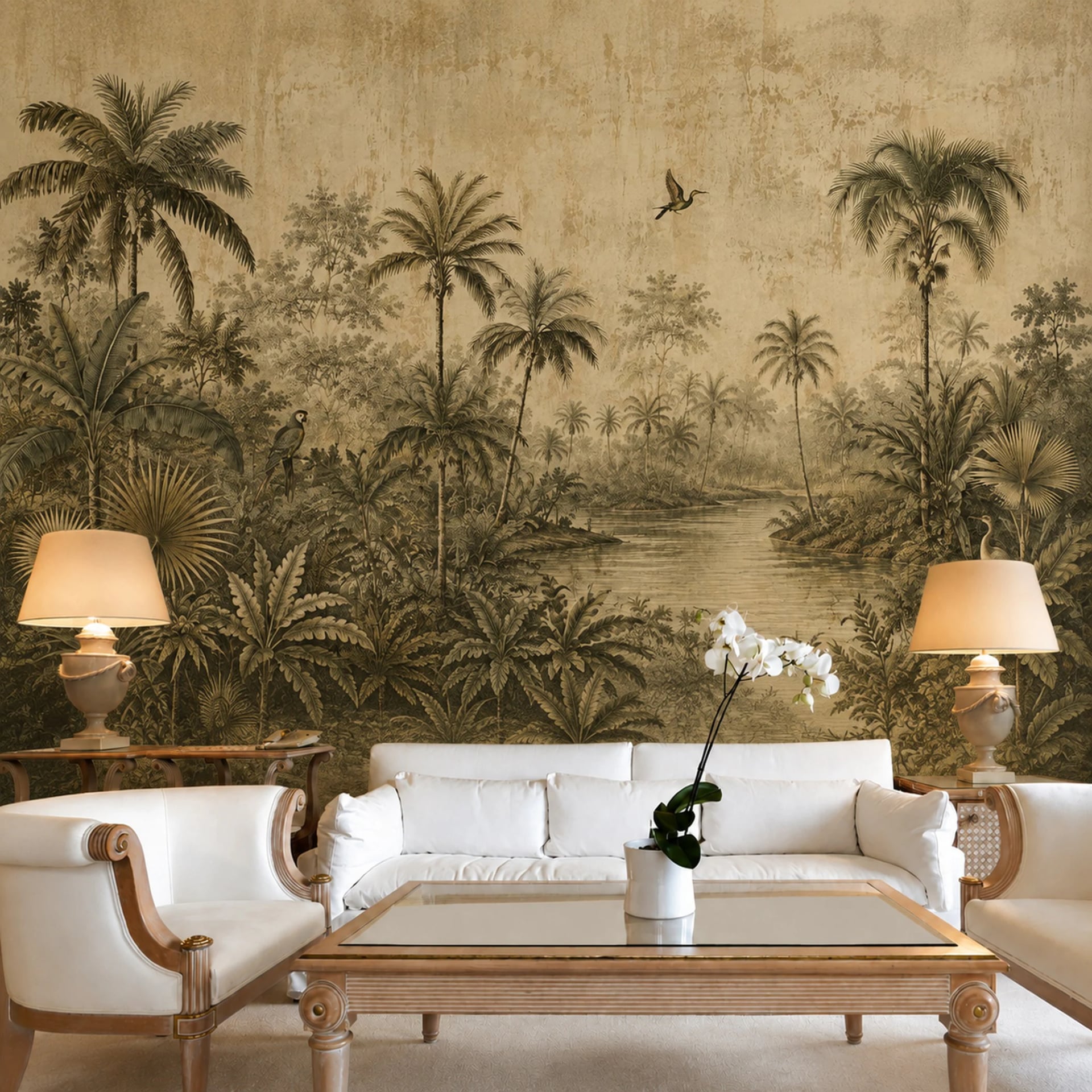 Vintage Palm River wall mural shown in a styled interior, view 2