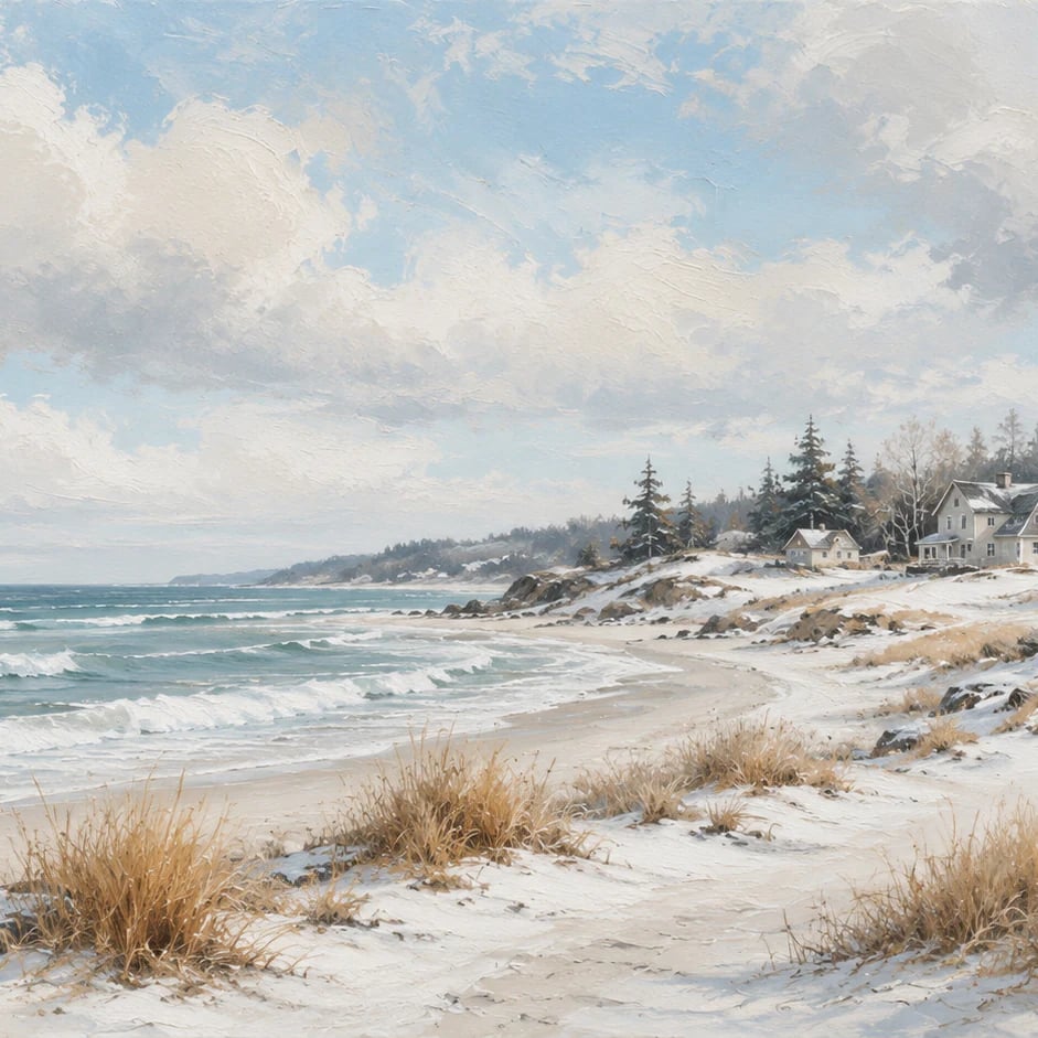Close-up of the Winter Coastal Cottage artwork at printed scale
