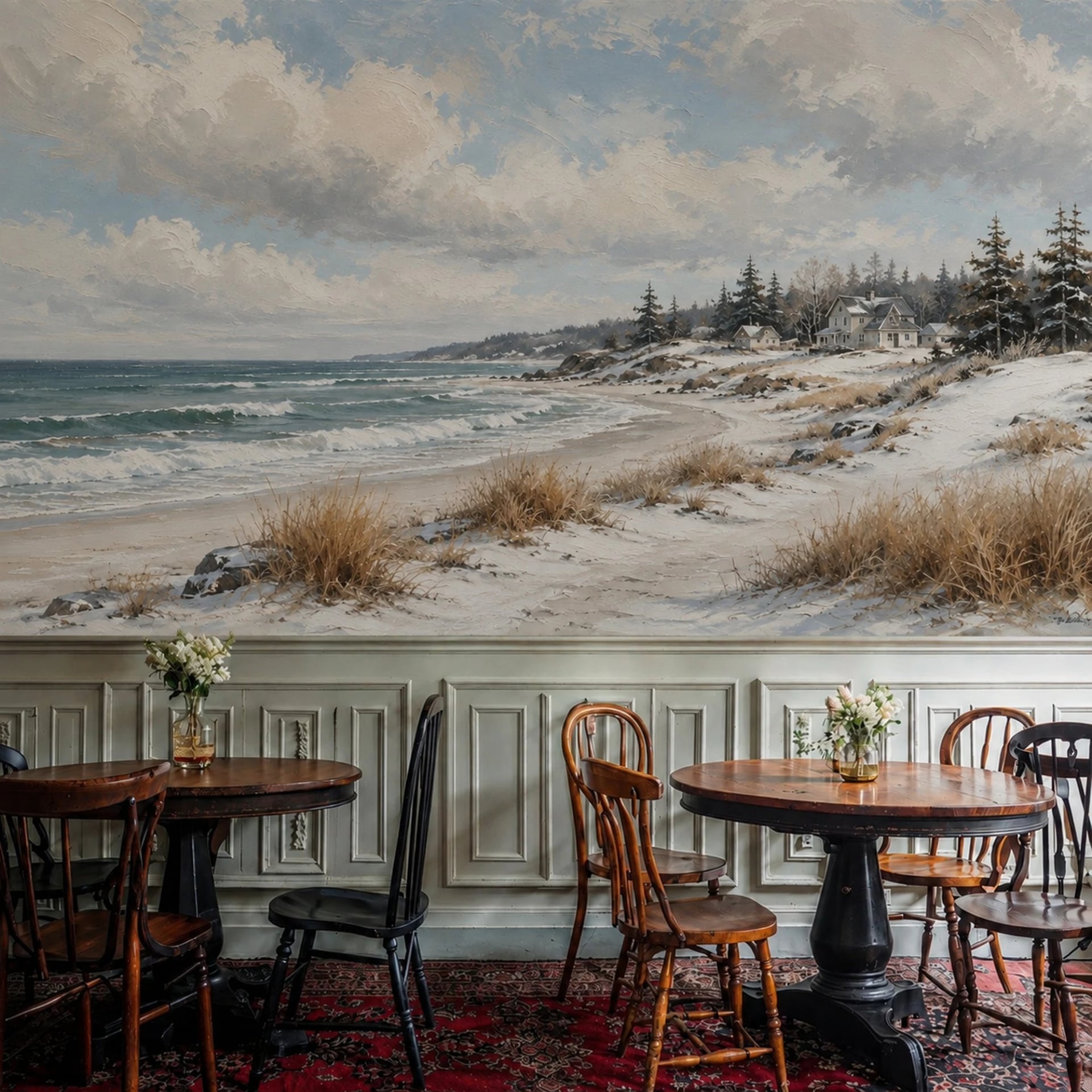 Winter Coastal Cottage wall mural shown in a styled interior, view 2