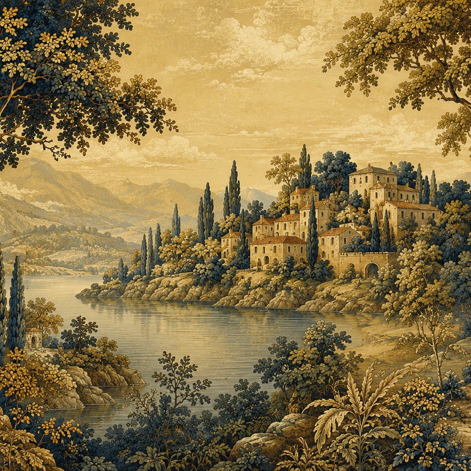 Close-up of the Tuscan Lakeside Tapestry artwork at printed scale