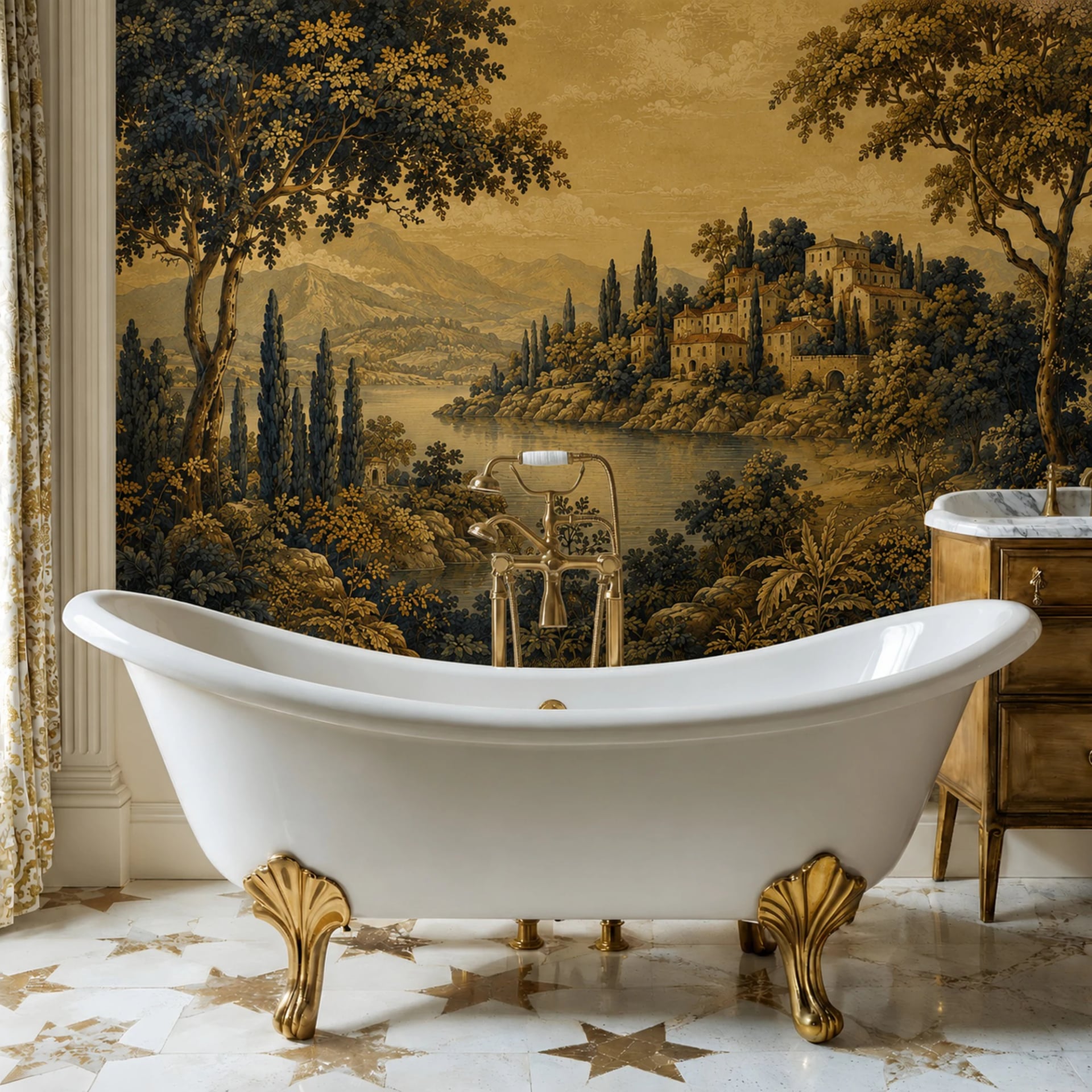 Tuscan Lakeside Tapestry wall mural shown in a styled interior, view 2