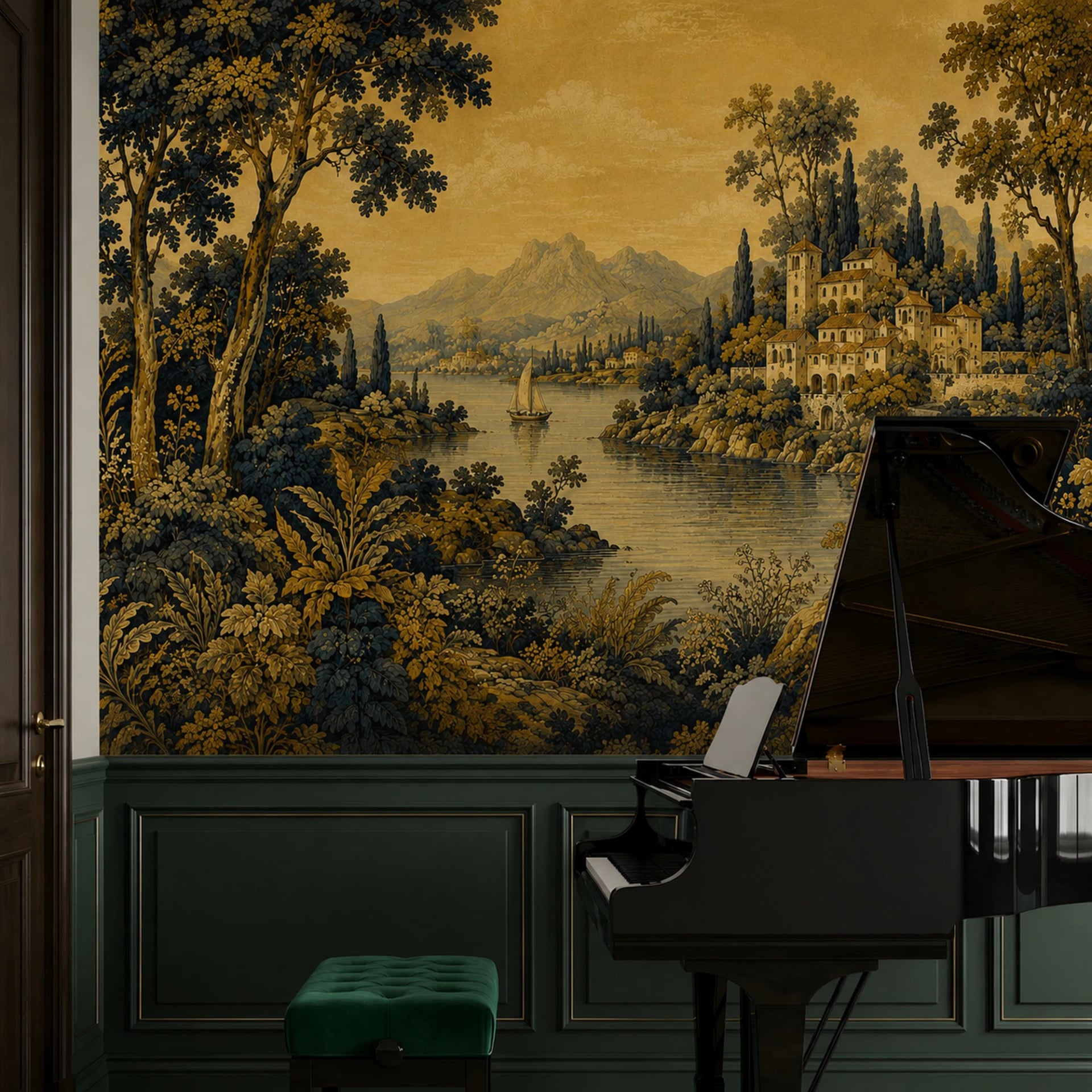 Lakeside Villa Tapestry wall mural shown in a styled interior, view 2