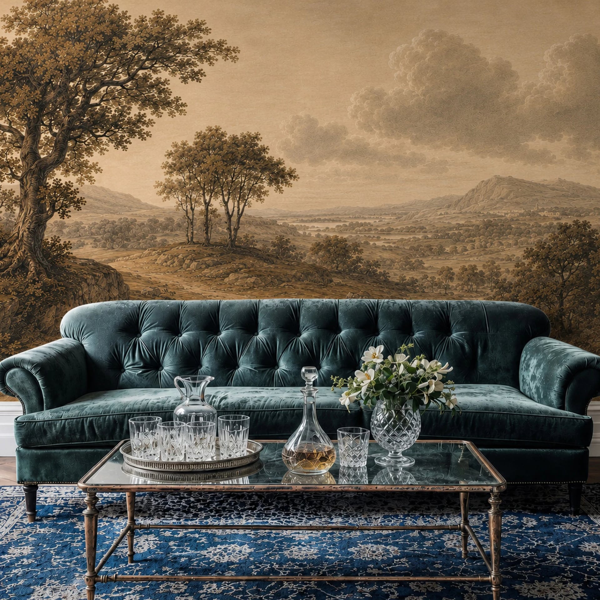 Sepia Valley Oak wall mural shown in a styled interior, view 2