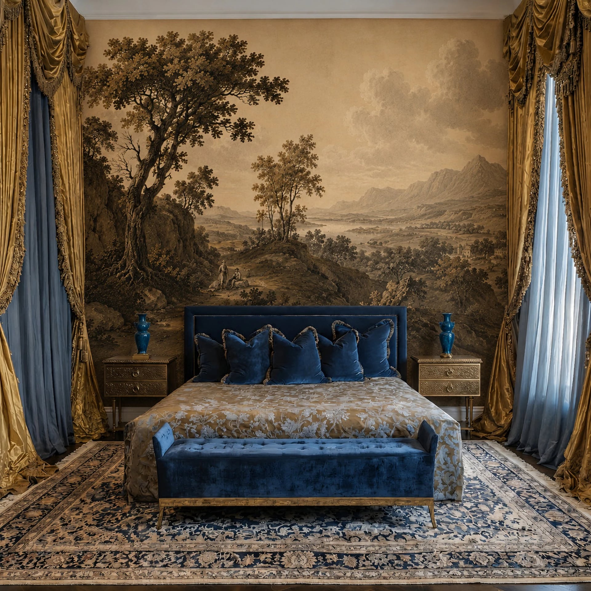 Papier peint panoramique Vallée pastorale sépia présenté dans un intérieur décoré, vue 2