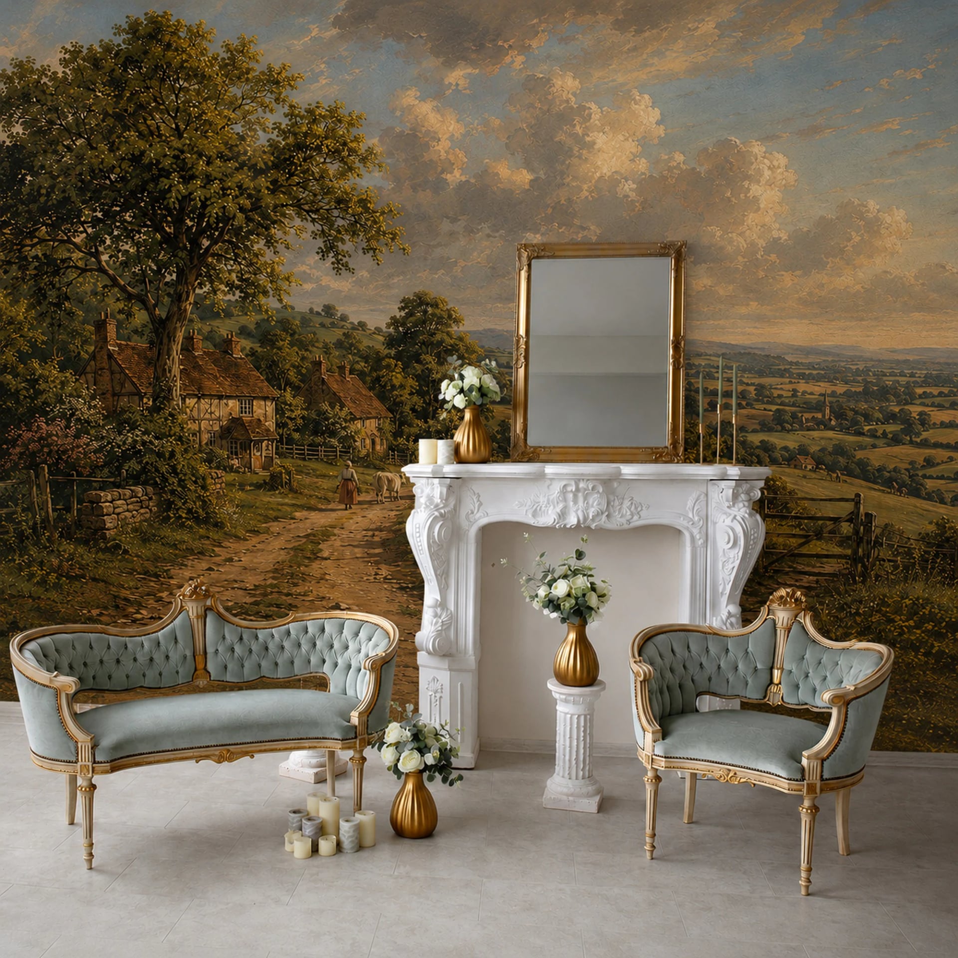 Papier peint panoramique Vue sur le cottage pastoral présenté dans un intérieur décoré, vue 2