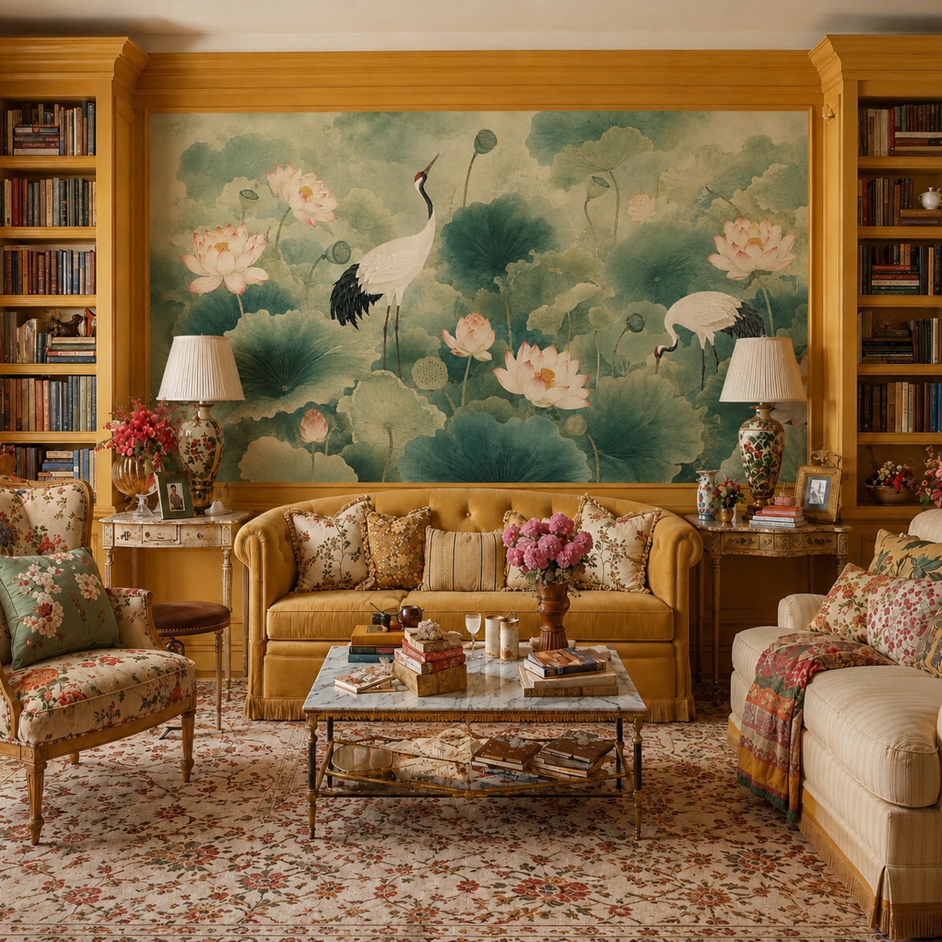 Lotus and Crane wall mural shown in a styled interior, view 2