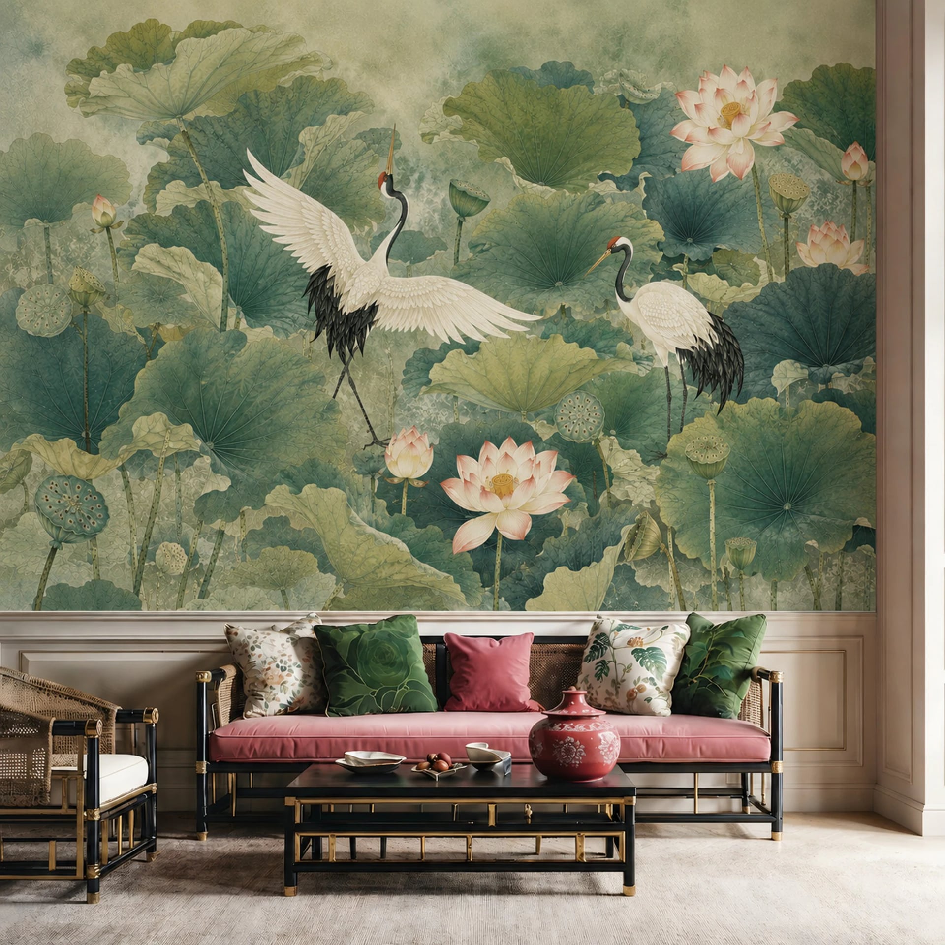 Lotus Pond Cranes wall mural shown in a styled interior, view 2