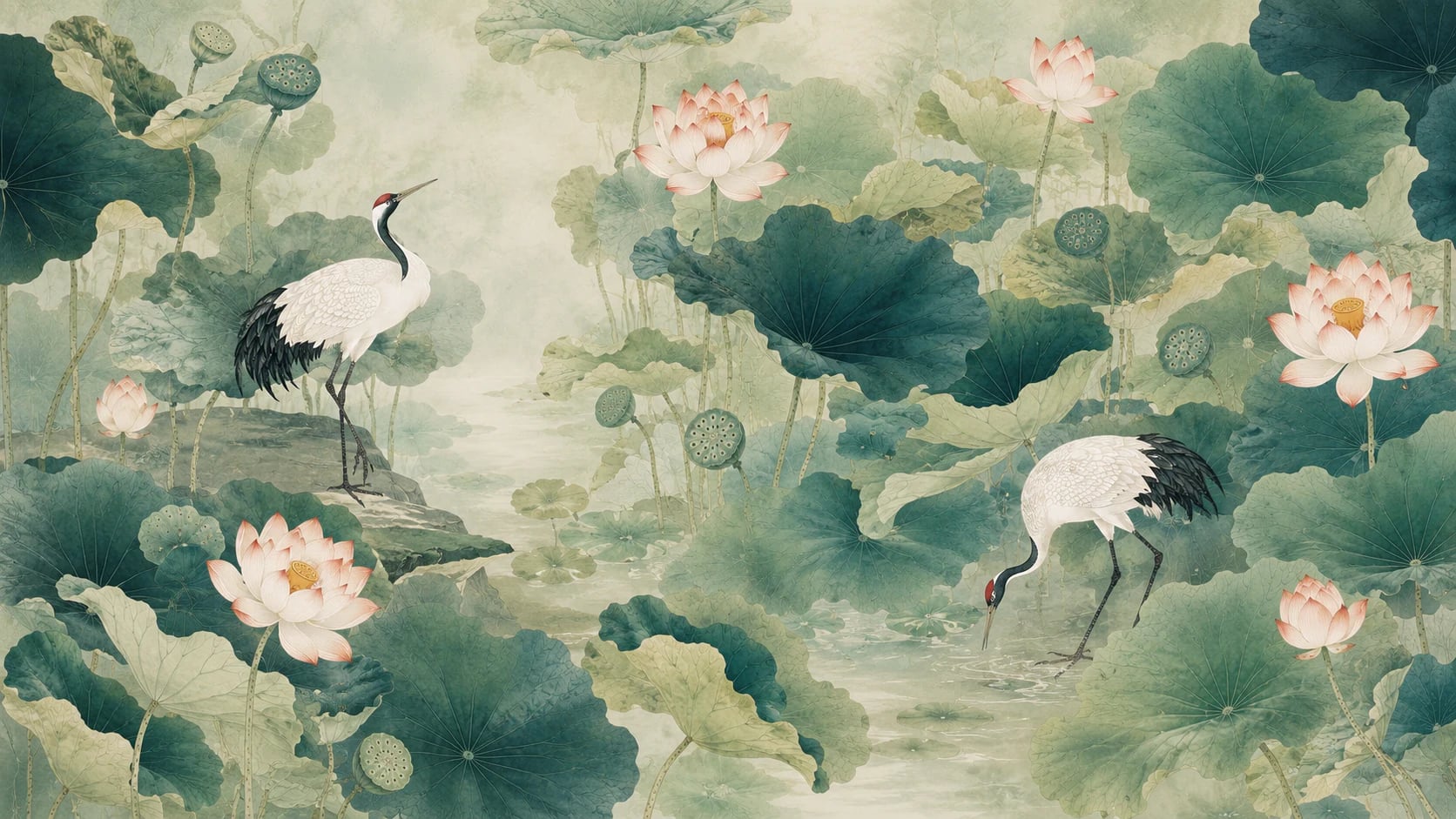 Cranes in Lotus Pond