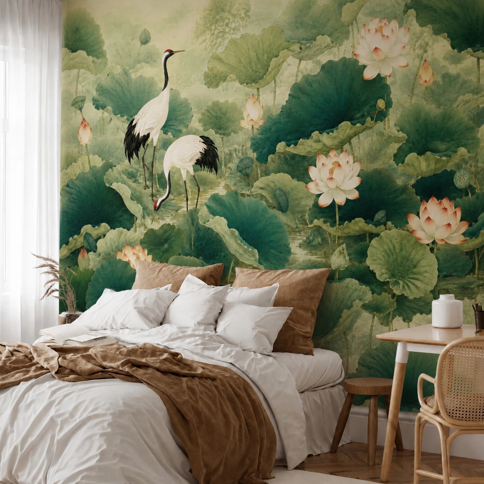 Papier peint panoramique Grues du bassin aux lotus présenté dans un intérieur décoré, vue 2