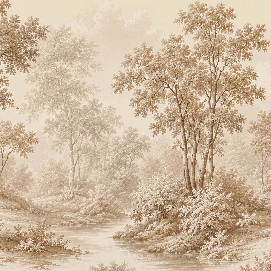 Primer plano del diseño Arroyo del bosque en sepia a escala de impresión