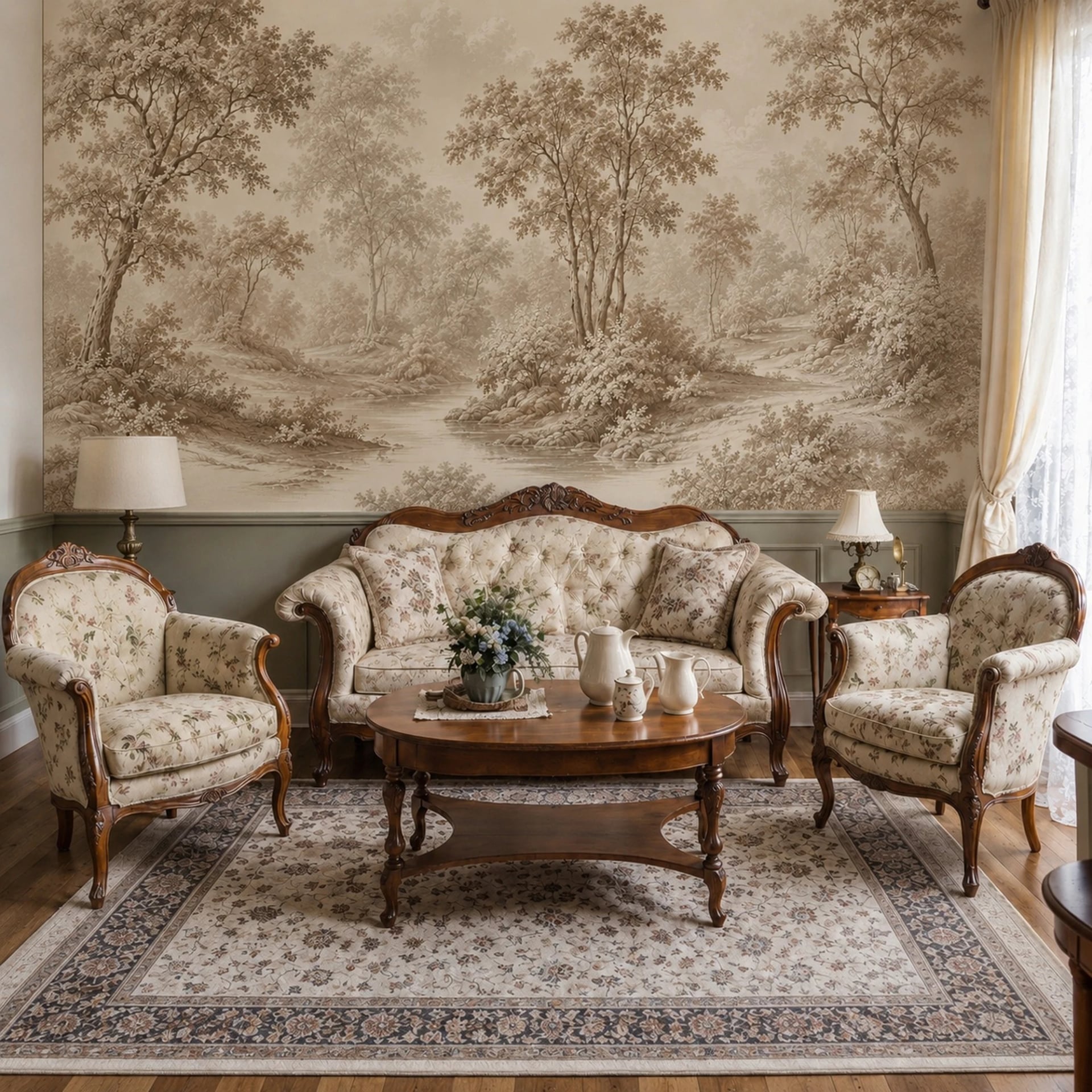 Sepia Forest Brook wall mural shown in a styled interior, view 5