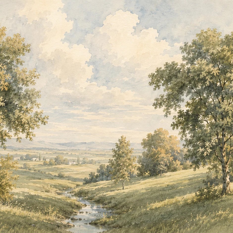 Close-up of the Pastoral Stream Valley artwork at printed scale