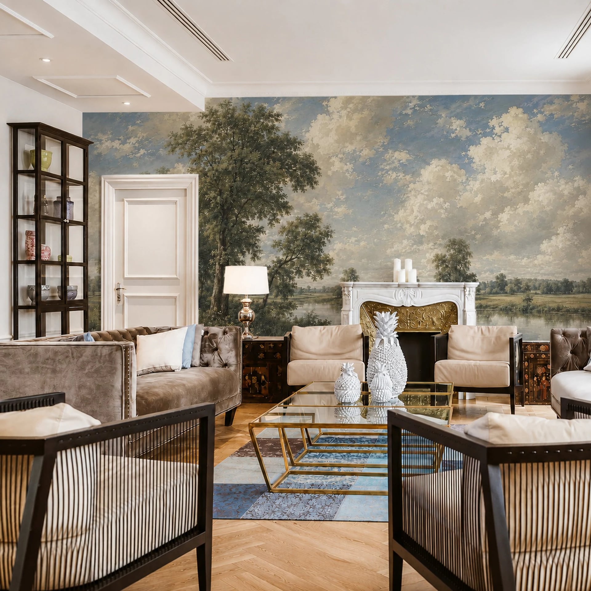 Papier peint panoramique Prairie d'été au bord de l'eau présenté dans un intérieur décoré, vue 2