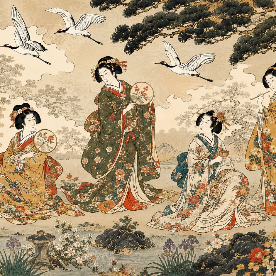 Close-up of the Geisha Garden Cranes artwork at printed scale