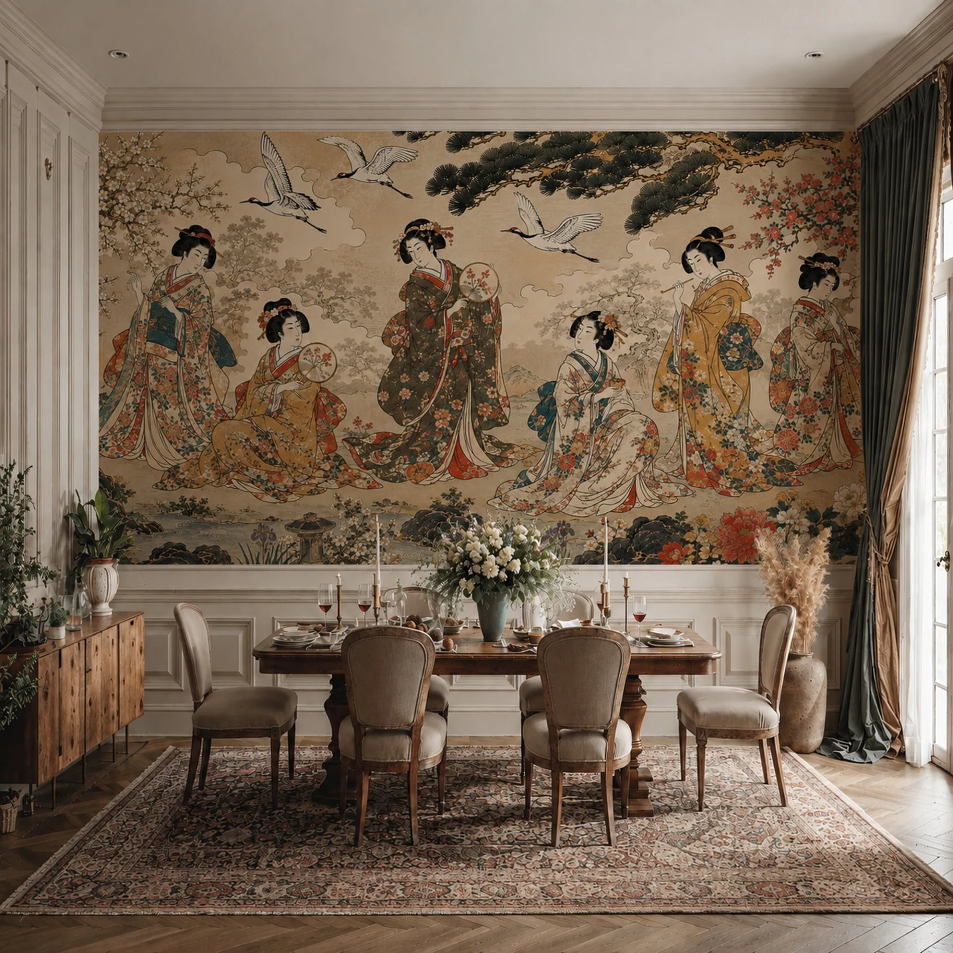 Geisha Garden Cranes wall mural shown in a styled interior, view 2