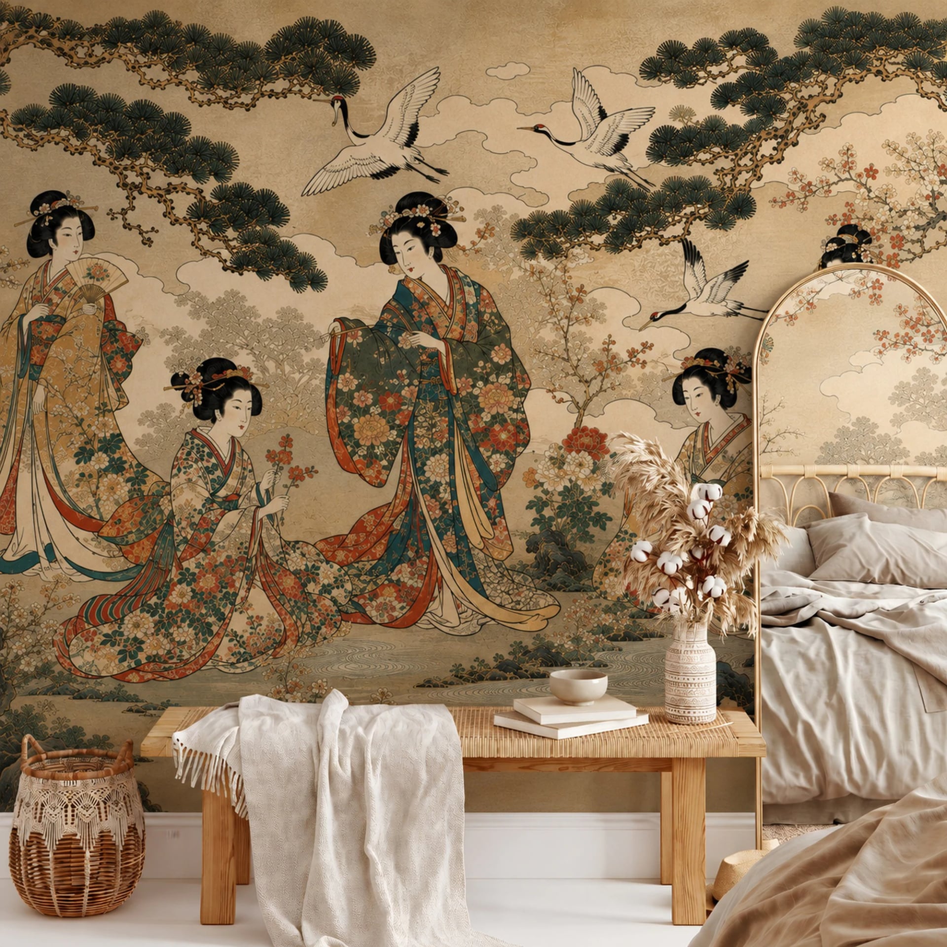 Geisha und Kraniche Fototapete in einem stilvoll eingerichteten Raum, Ansicht 2