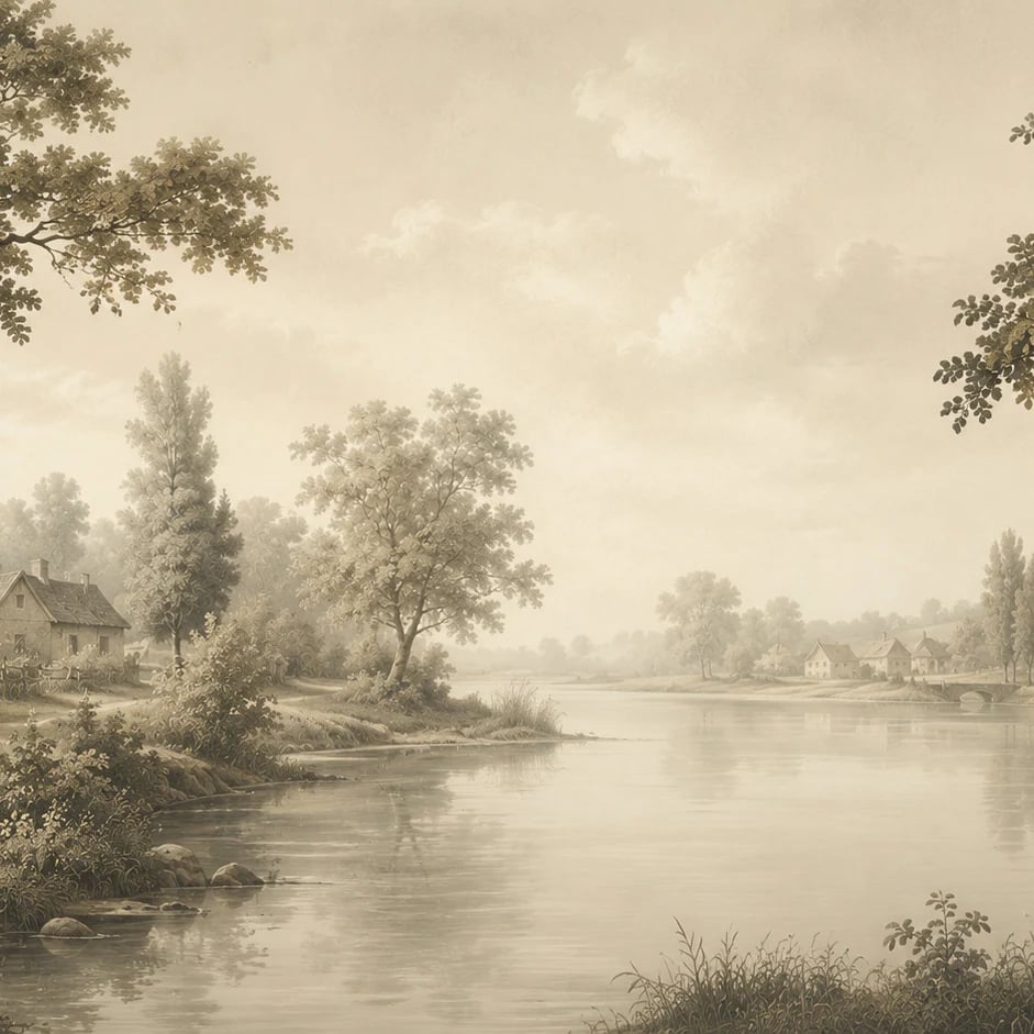 Close-up of the Sepia Riverside Cottage artwork at printed scale