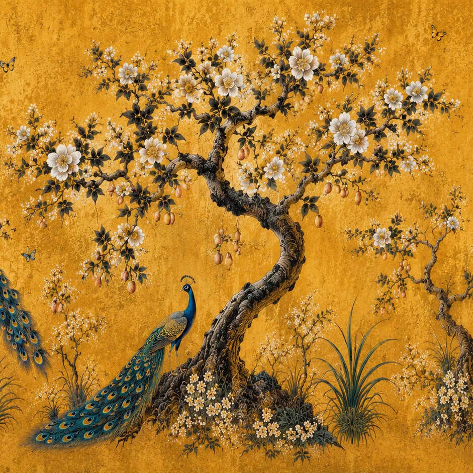 Close-up of the Gilded Peacock Blossom artwork at printed scale